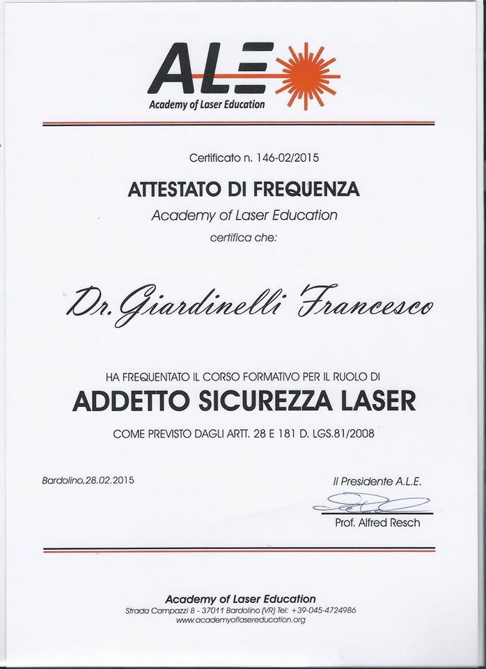 Attestato Addetto Sicurezza Laser A.L.E. Bardolino