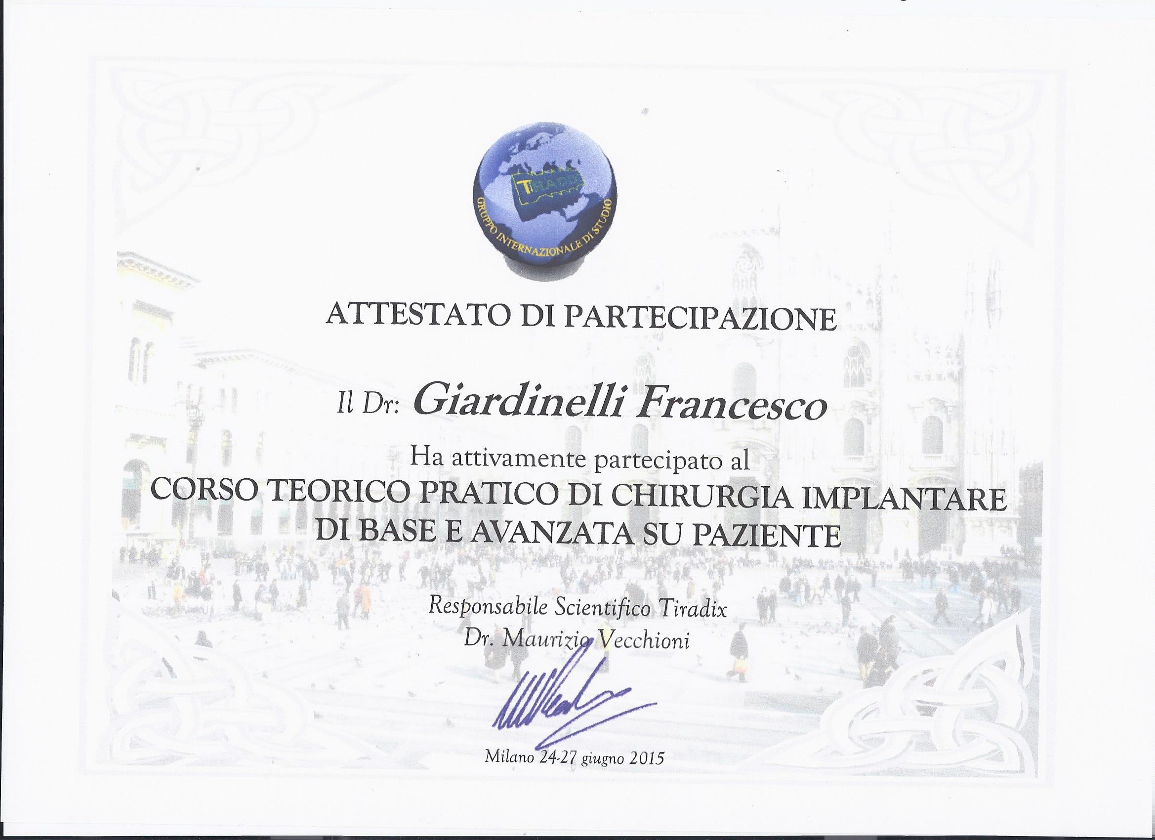 Attestato Corso Chirurgia Implantare Tiradix Milano